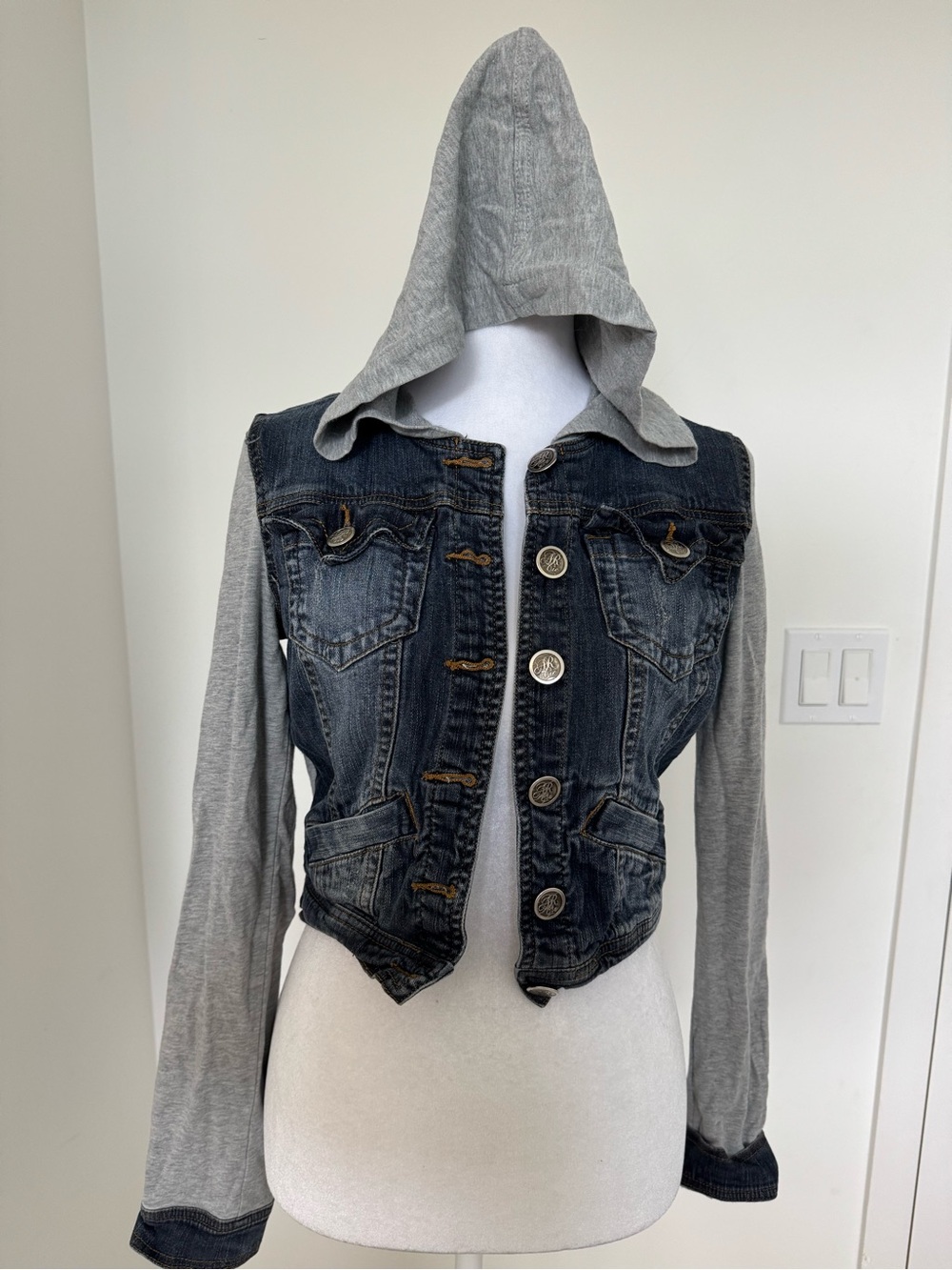 American Rag Gray Hooded Denim Vest with Knit Sleeves